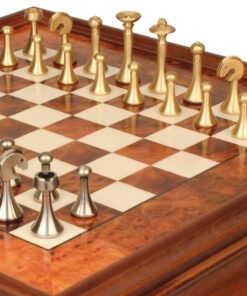 Jeu d'Échecs Contemporain - Échiquier en bois de Bruyère et Bois d'Orme avec tiroir & Pièces en métal