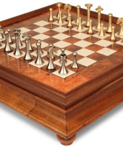 Jeu d'Échecs Contemporain - Échiquier en bois de Bruyère et Bois d'Orme avec tiroir & Pièces en métal
