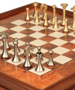 Jeu d'Échecs Contemporain - Échiquier en bois de Bruyère et Bois d'Orme avec tiroir & Pièces en métal
