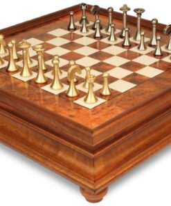Jeu d'Échecs Contemporain - Échiquier en bois de Bruyère et Bois d'Orme avec tiroir & Pièces en métal