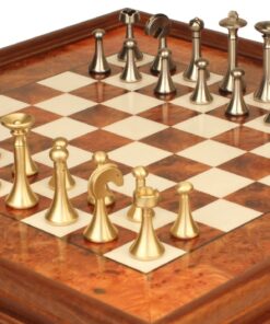 Jeu d'Échecs Contemporain - Échiquier en bois de Bruyère et Bois d'Orme avec tiroir & Pièces en métal