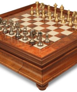 Jeu d'Échecs Staunton - Échiquier en bois de Bruyère et Bois d'Orme avec tiroir & Pièces en laiton massif